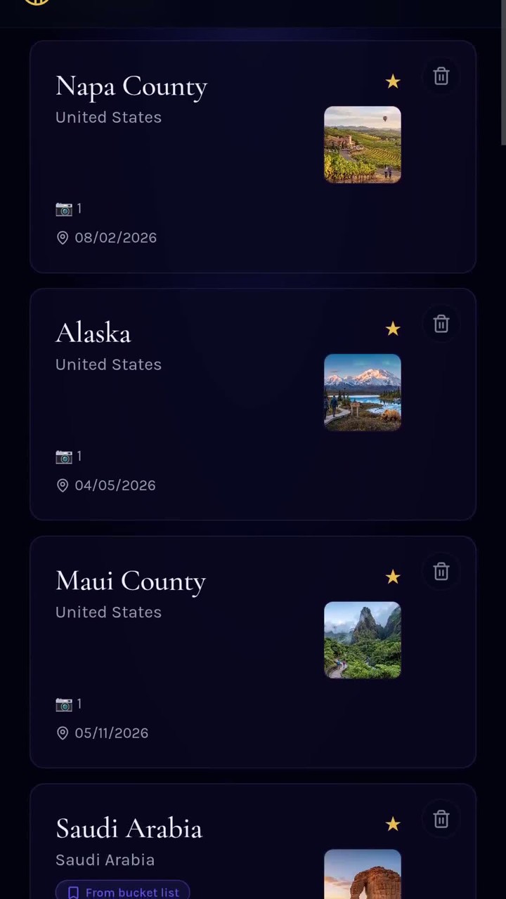 My Pins list on mobile with photos of visited places