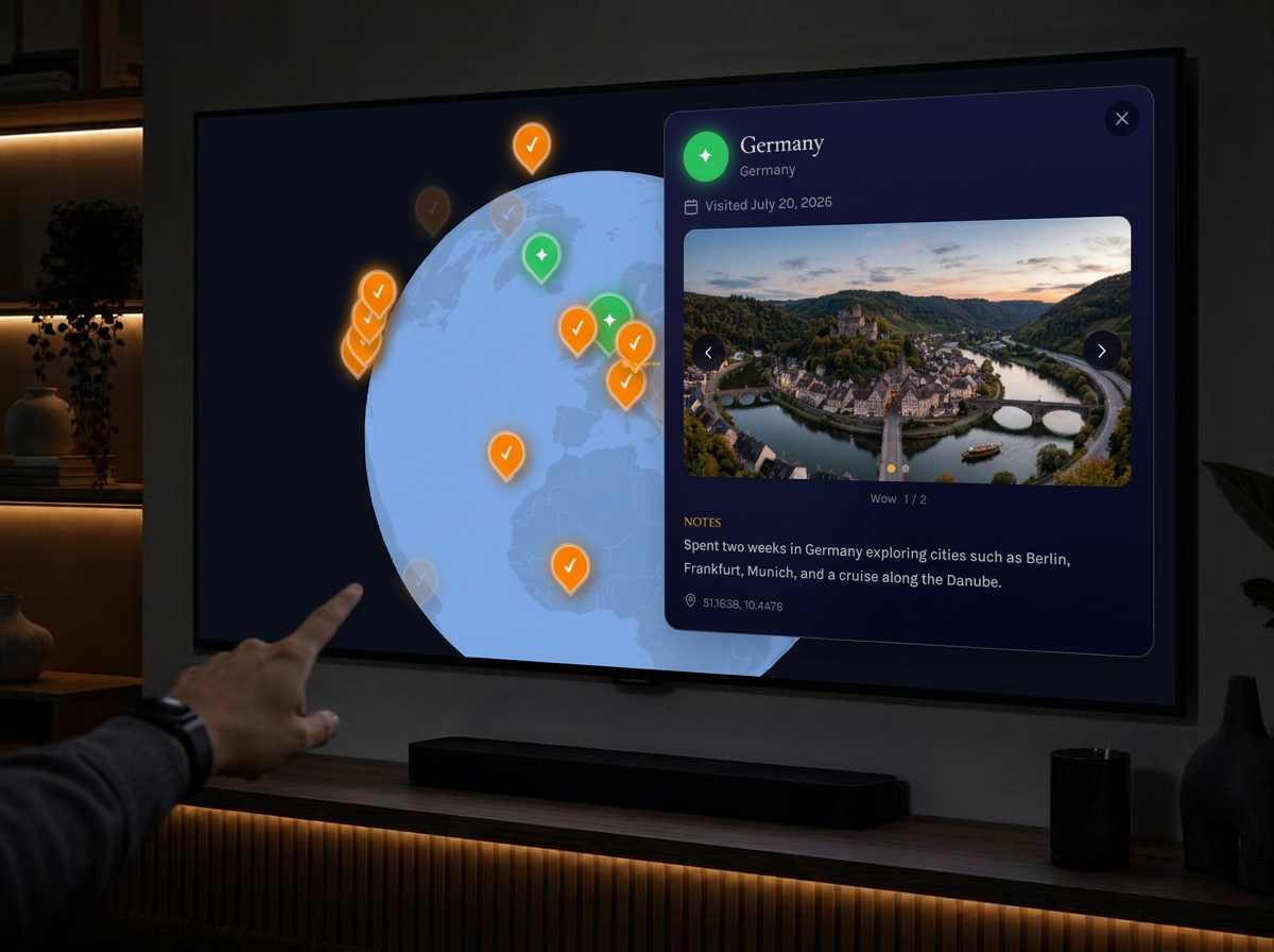 Where I've Been display mode on a wall screen with a pinned globe