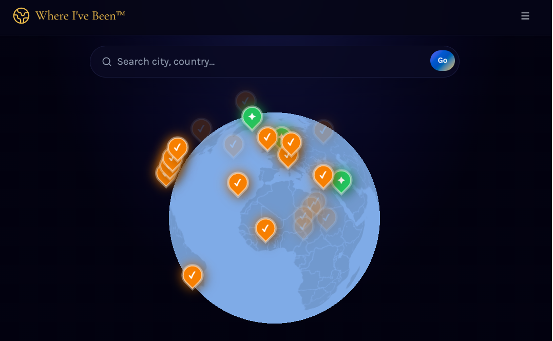 Where I've Been globe view on a laptop showing visited and bucket list pins