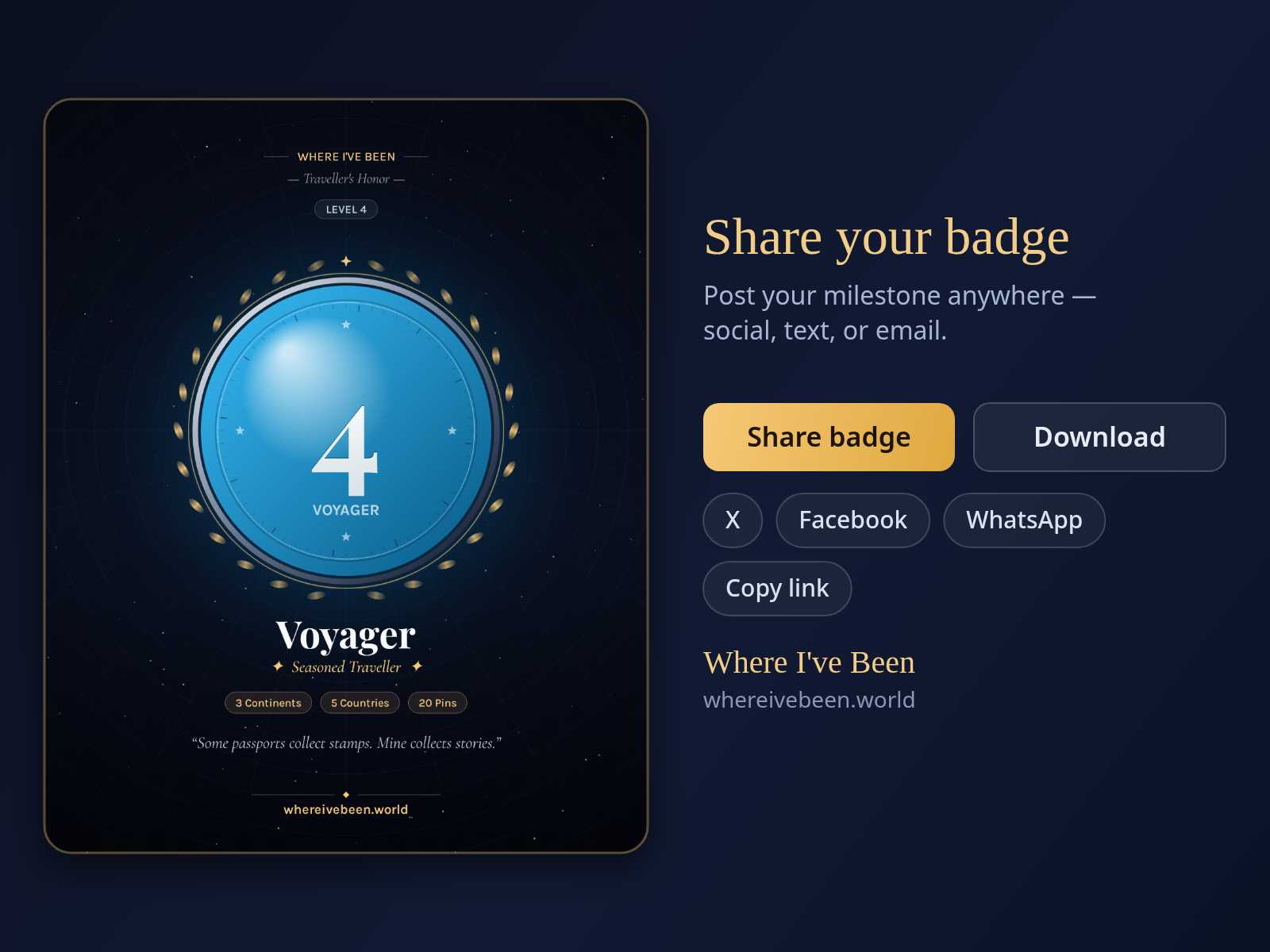 Shareable Voyager badge card with social sharing options