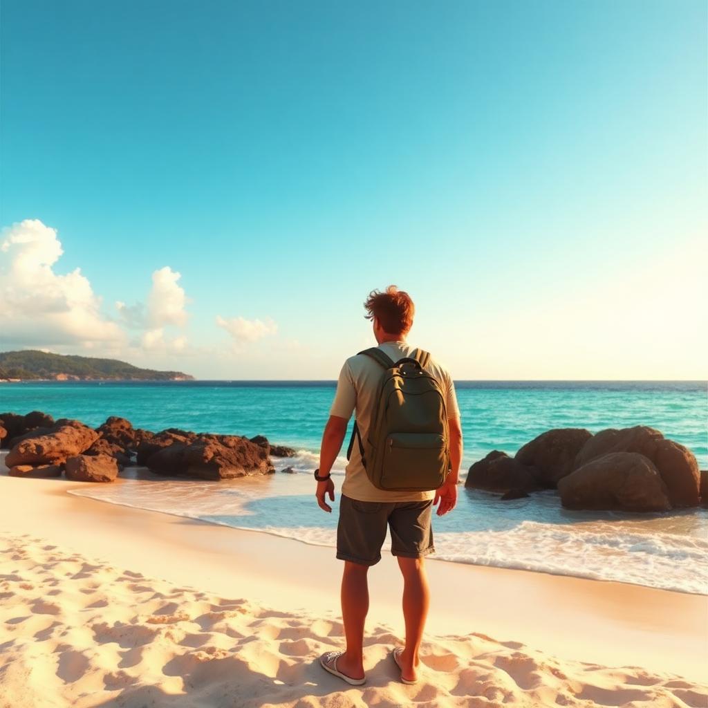 Traveler looking at a beautiful beach