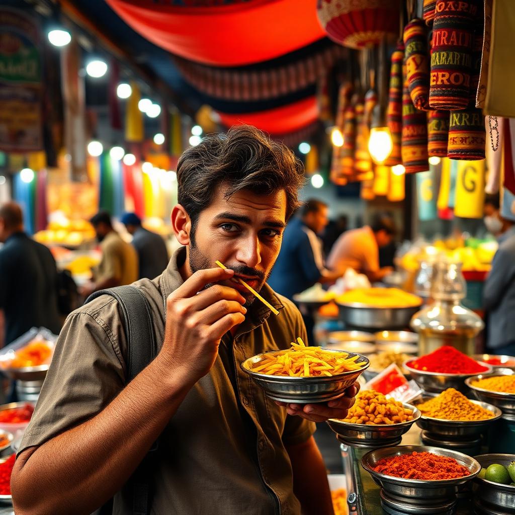 Traveler trying food at a market in India
