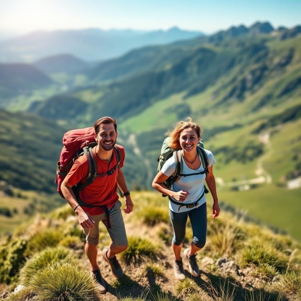 Couple hiking up a mountain